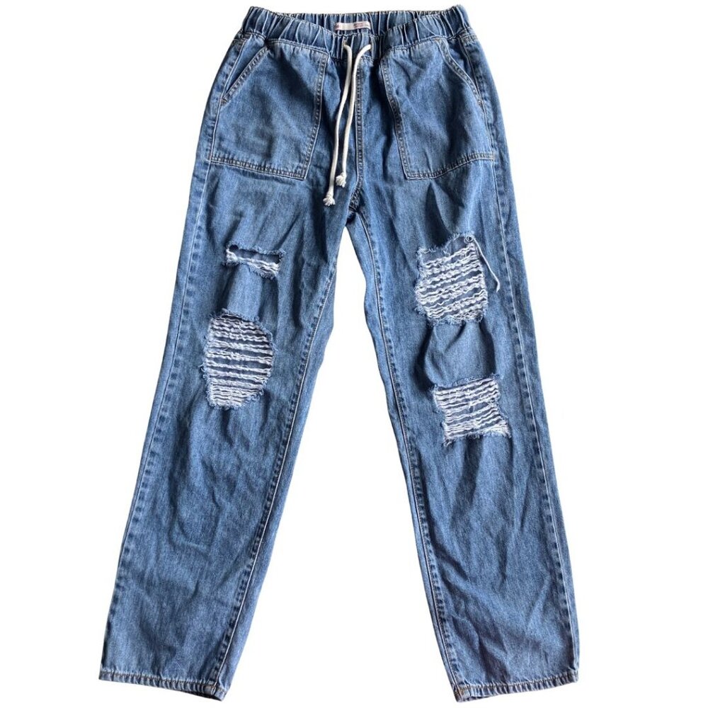 Retro So Jeans Super High Rise Jogger Medium Wash Distressed Jeans Size 7/28W